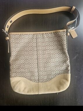 Coach Signature Canvas and Suede Shoulder Bag in Beige